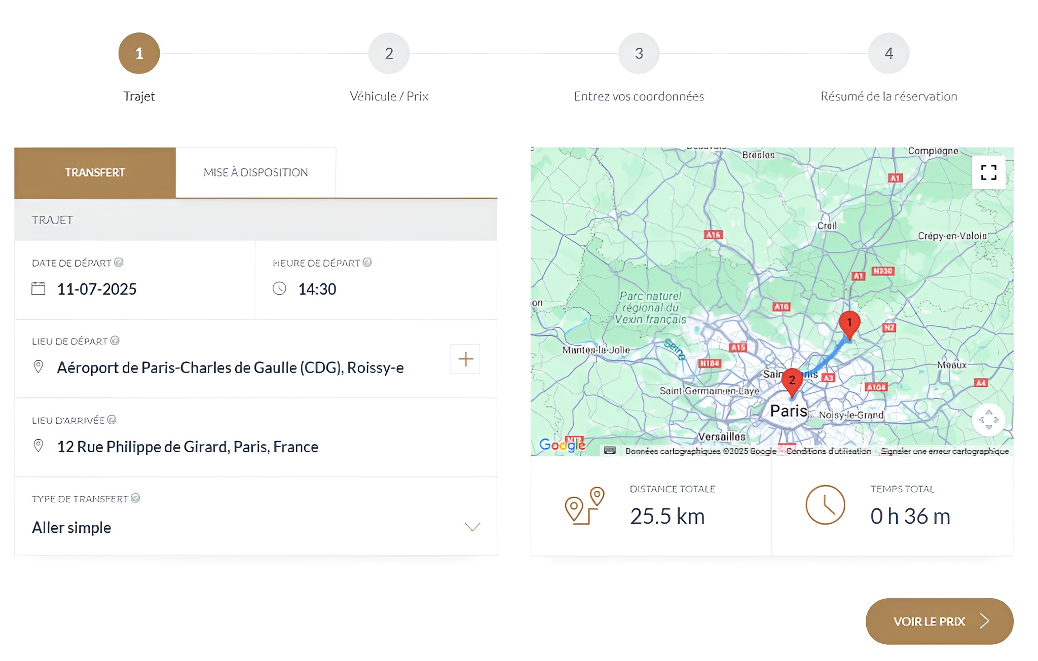 Outil de calcul automatique du tarif dans un site internet VTC